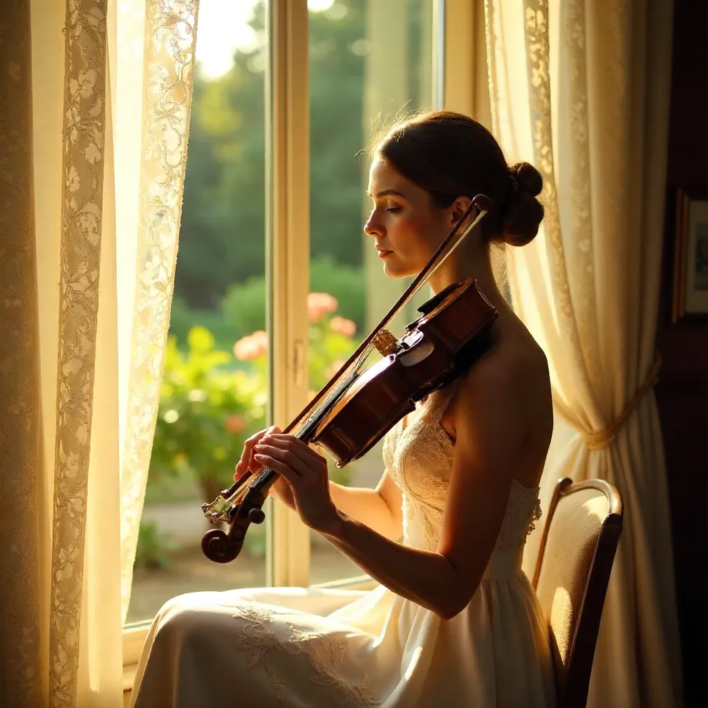 Elegance Behind Lace Curtains: Violinist in Outdoor Light