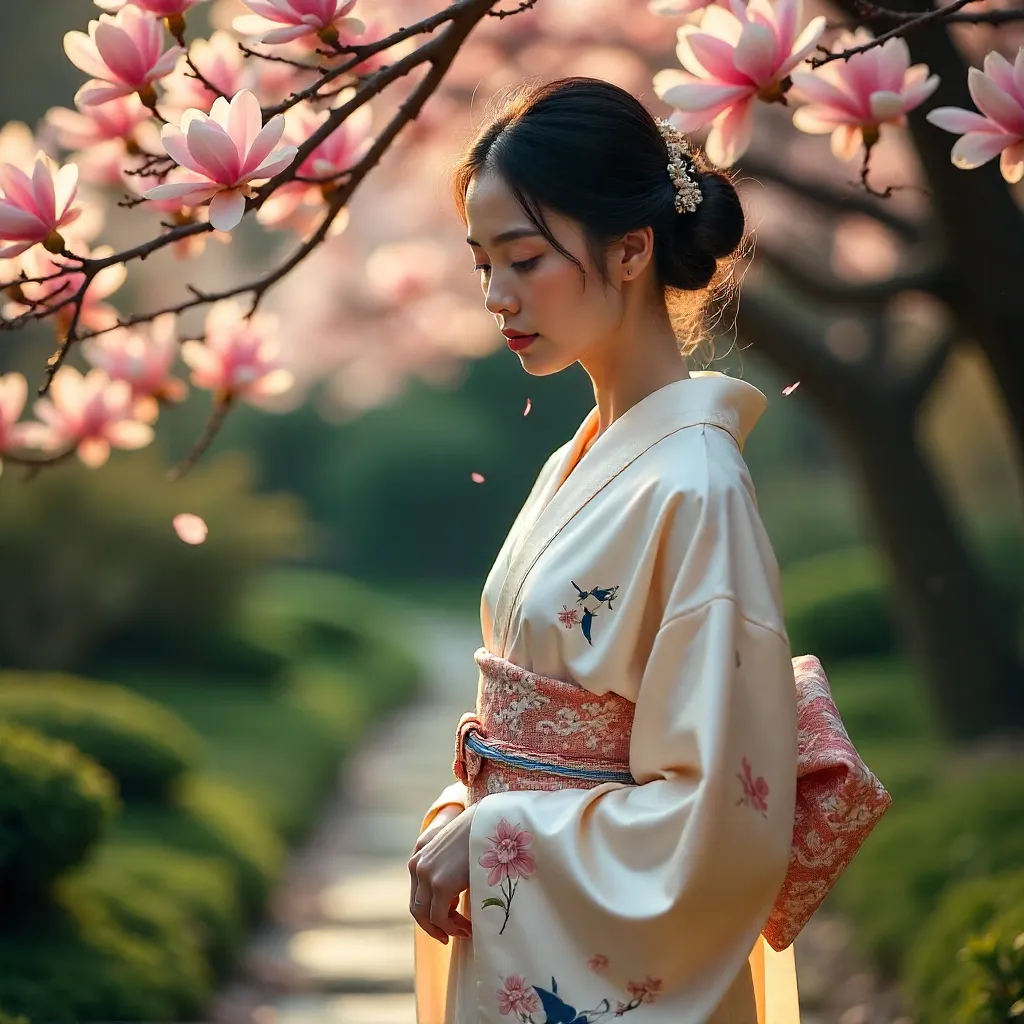 Graceful Kimono Portrait Amid Magnolia Blossoms