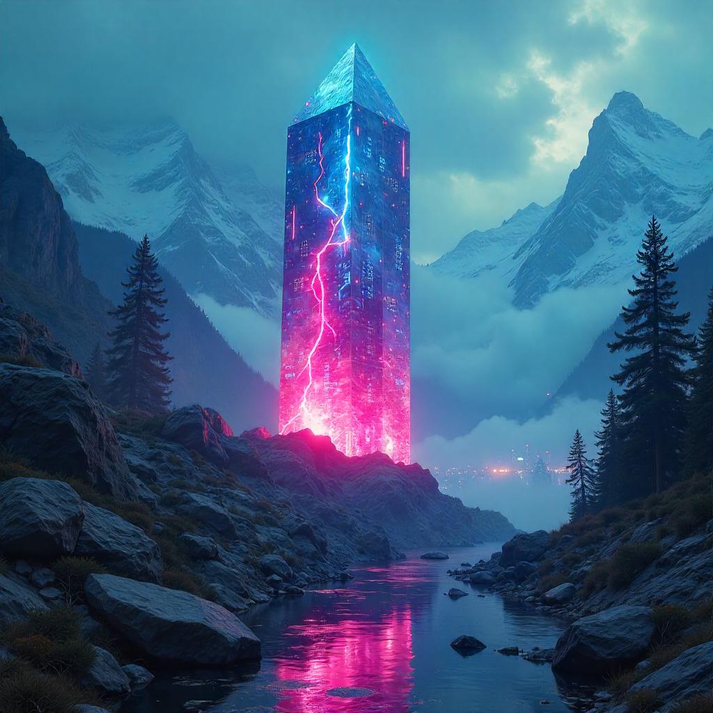 Crystal Entity in a Neon Mountain Valley