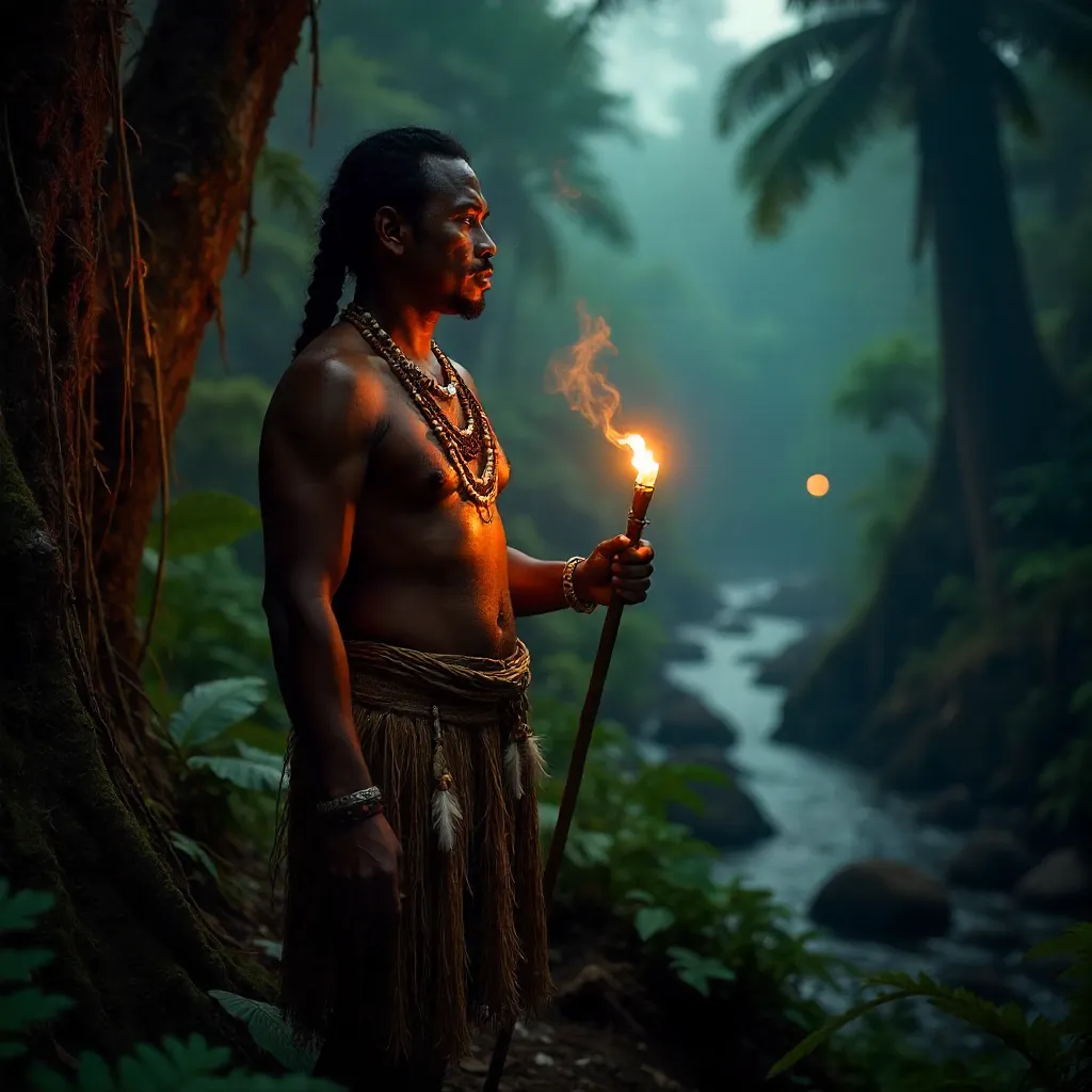 Torchbearer in Papuan Jungle near Jayapura
