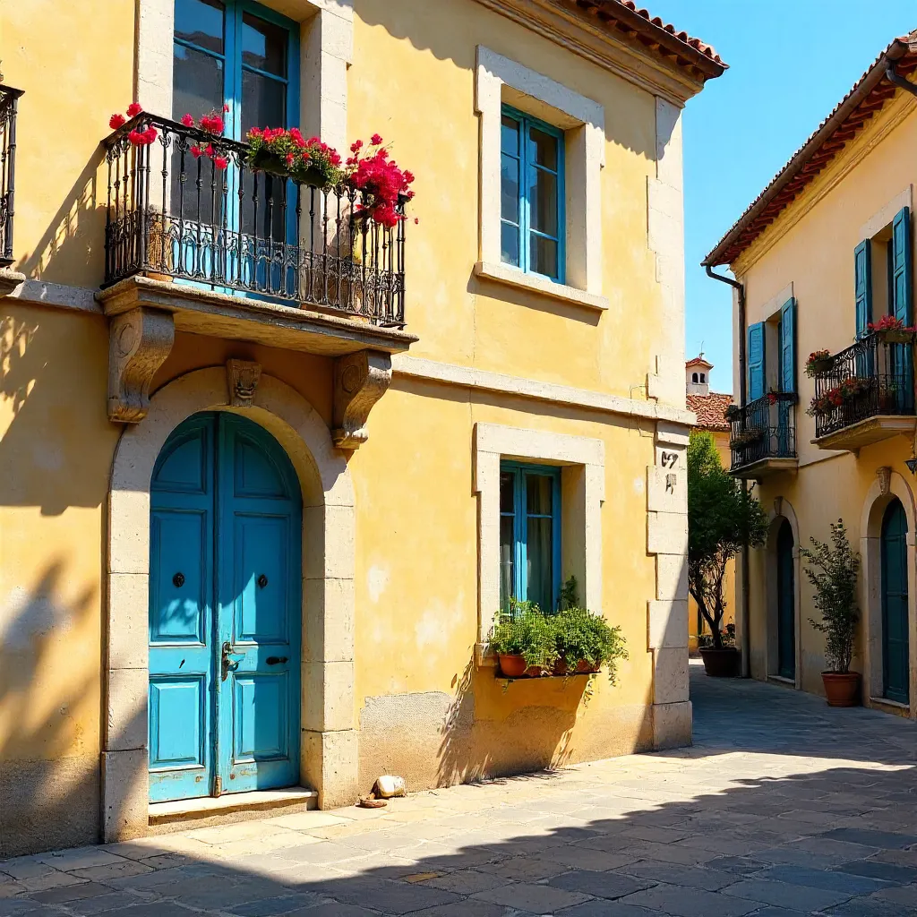 Sunlit Corfu Facade: Mediterranean Charm
