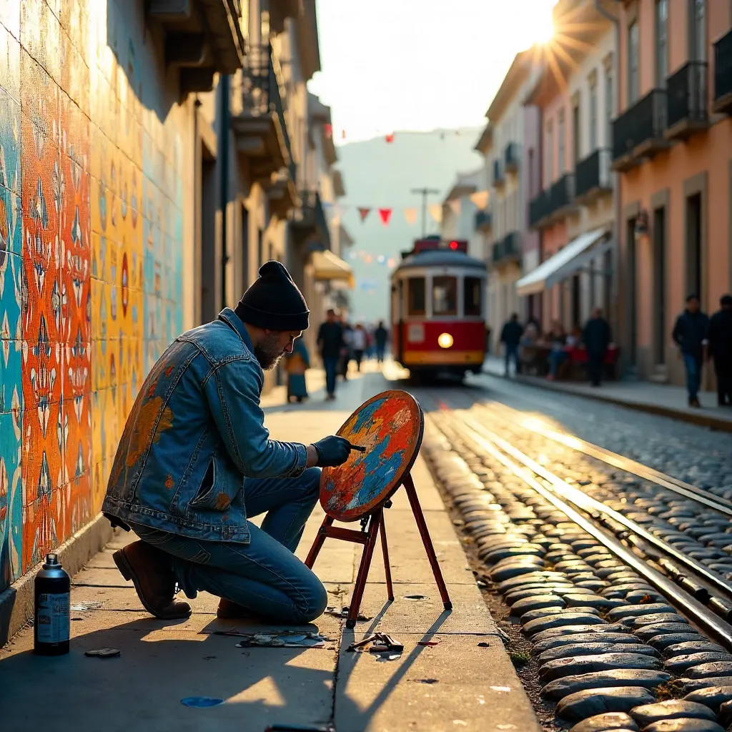 Porto Street Artist at Work on a Busy Rua