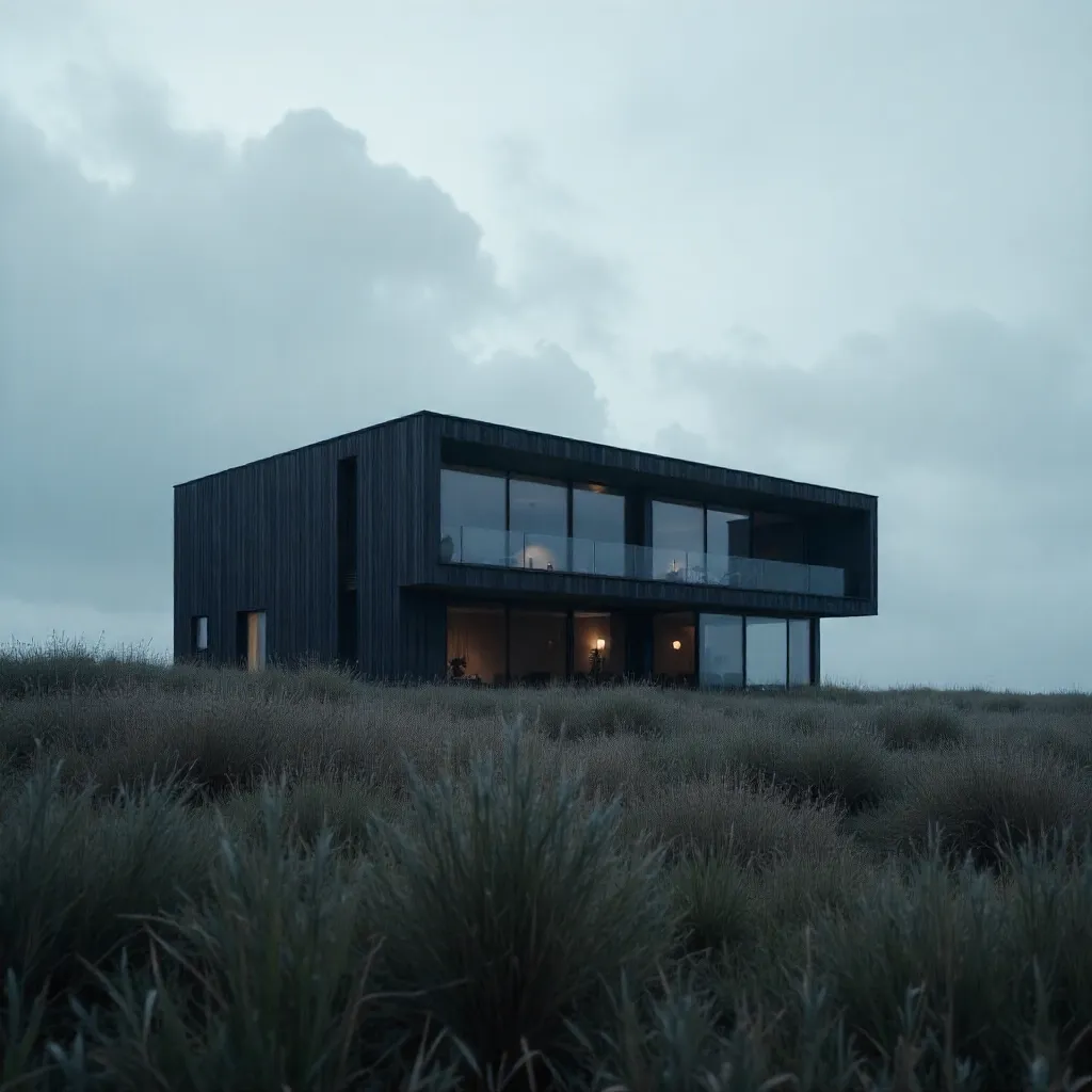 Dark Exterior Contemporary House in a Grassy Field
