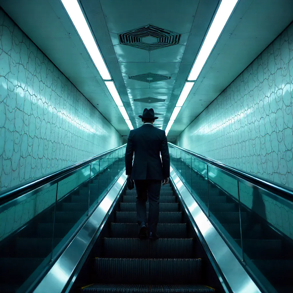 Geometric Subway Escalator: Hat-Wearing Traveler
