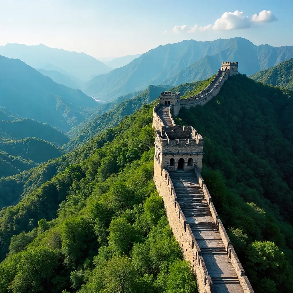 Aerial Great Wall over Emerald Hills under Clear Sky