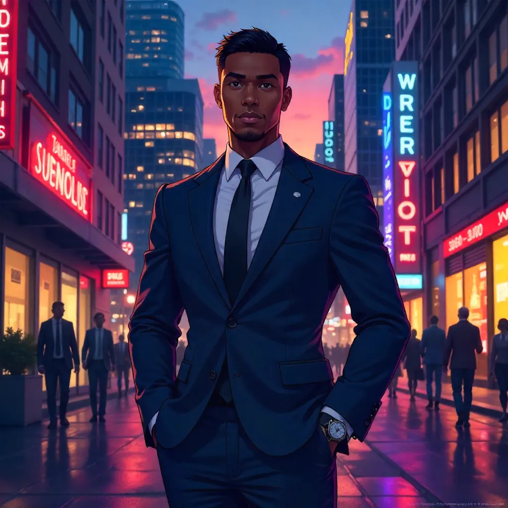 Anime Style: Professional Black Man in Downtown City