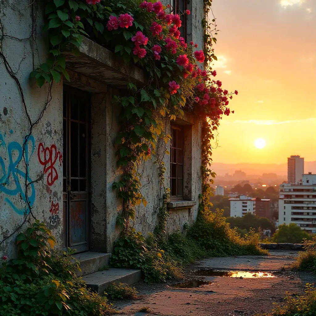 Sunset Vines Over a Silent Urban Facade