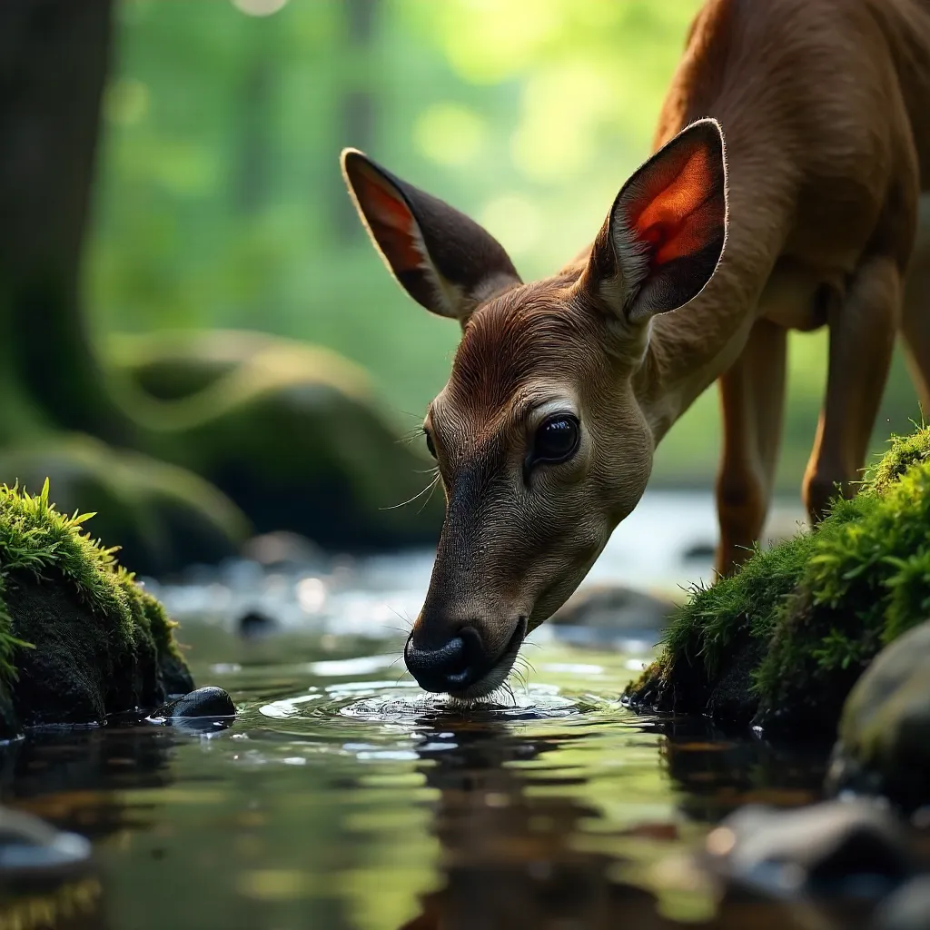 Close-Up Deer Drinking at a Mossy Stream