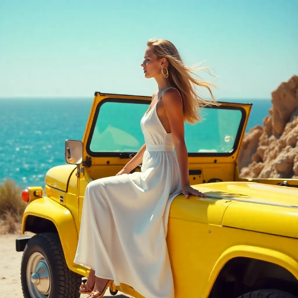 Stylish Woman on a Yellow Jeep by the Sea