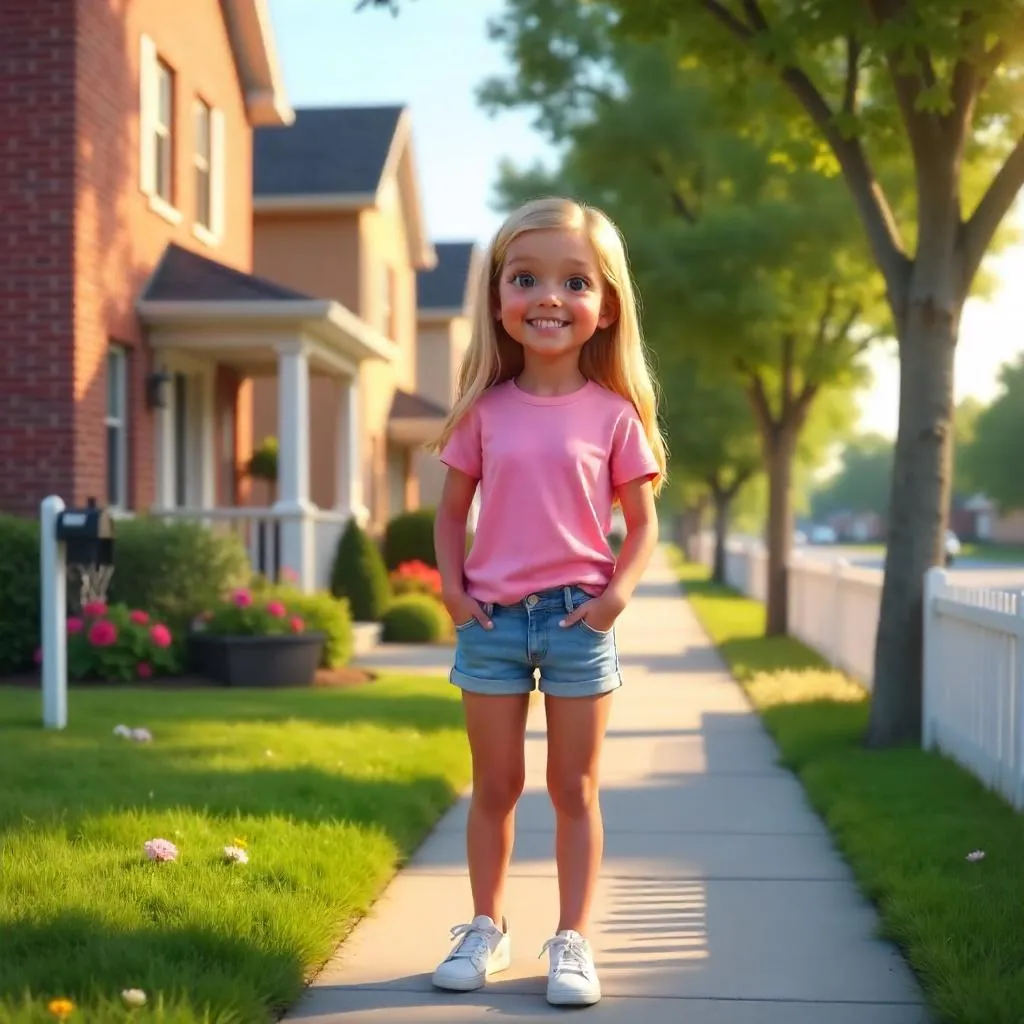 Cheerful white girl in a sunlit suburban street