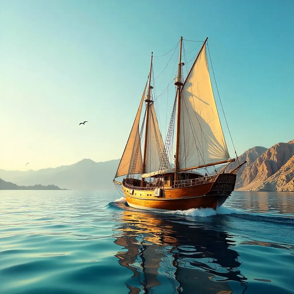 Classic Ship on Red Sea with Sinai Mountains