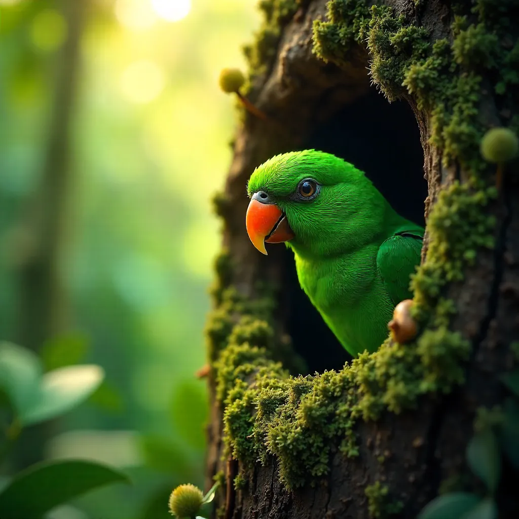 Emerald Parrot Peeks from a Colombian Hollow