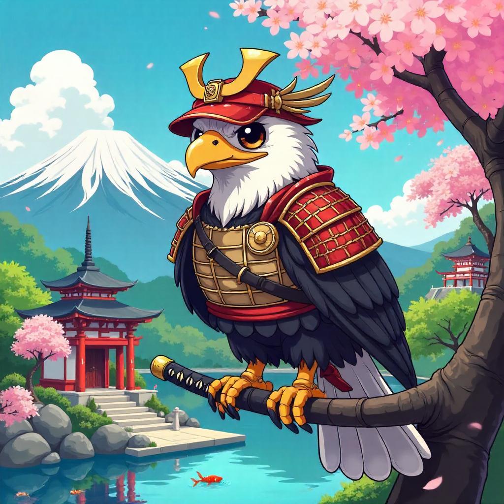Samurai Eagle in Feudal Japan Cartoon Style