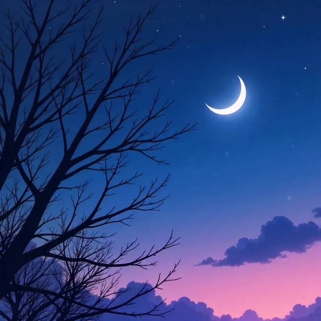 Serene Crescent Moon Over Silhouetted Branches