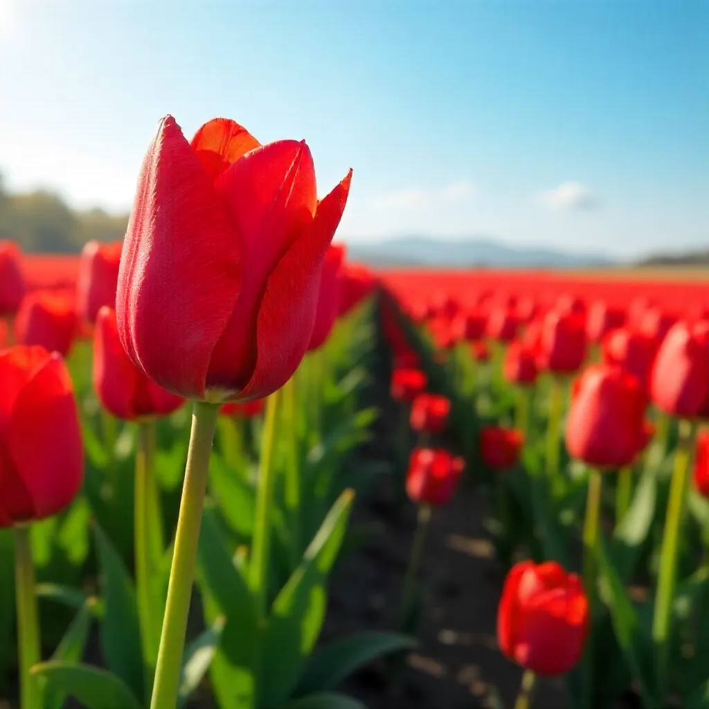 Red Tulips Field Under a Clear Spring Sky