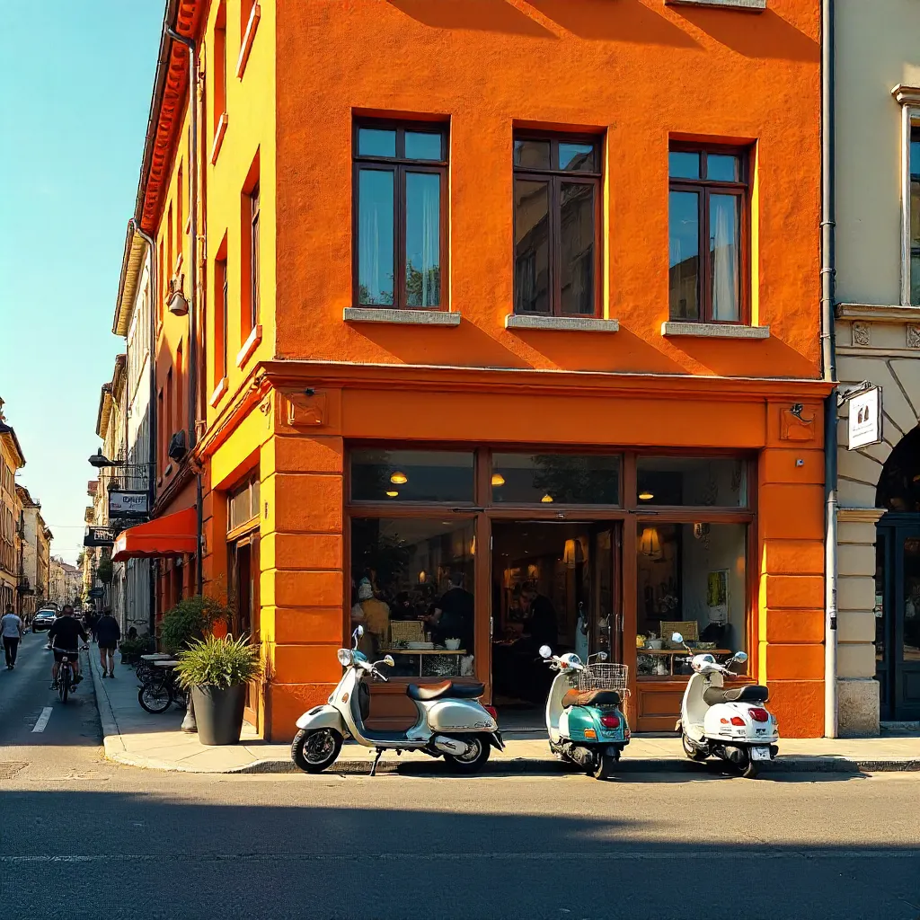 Sunny Orange Building with Scooters and a Tricycle
