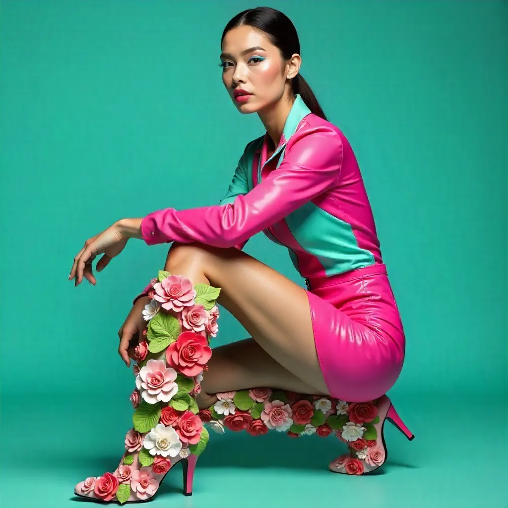 Vibrant Teal Portrait with Floral Boots