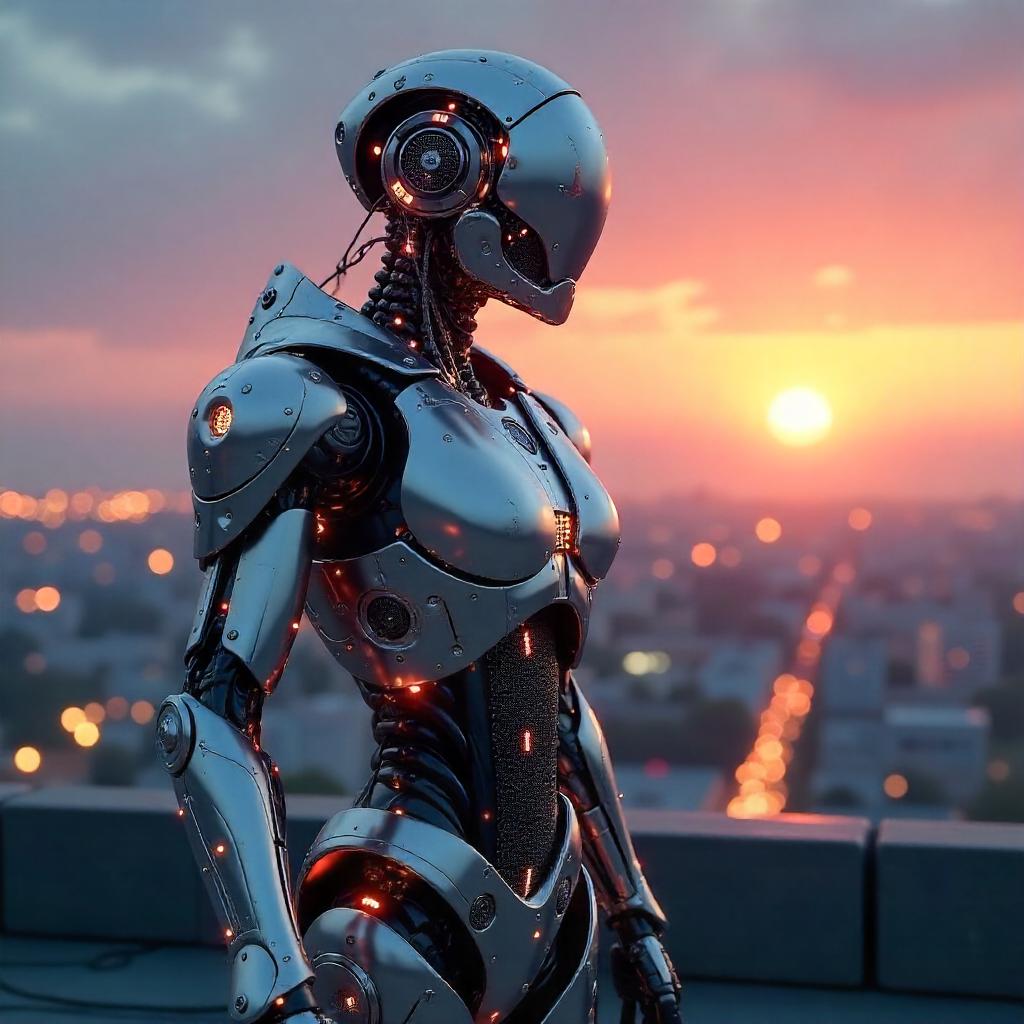 Golden Hour Cyborg: 3D Render on Rooftop