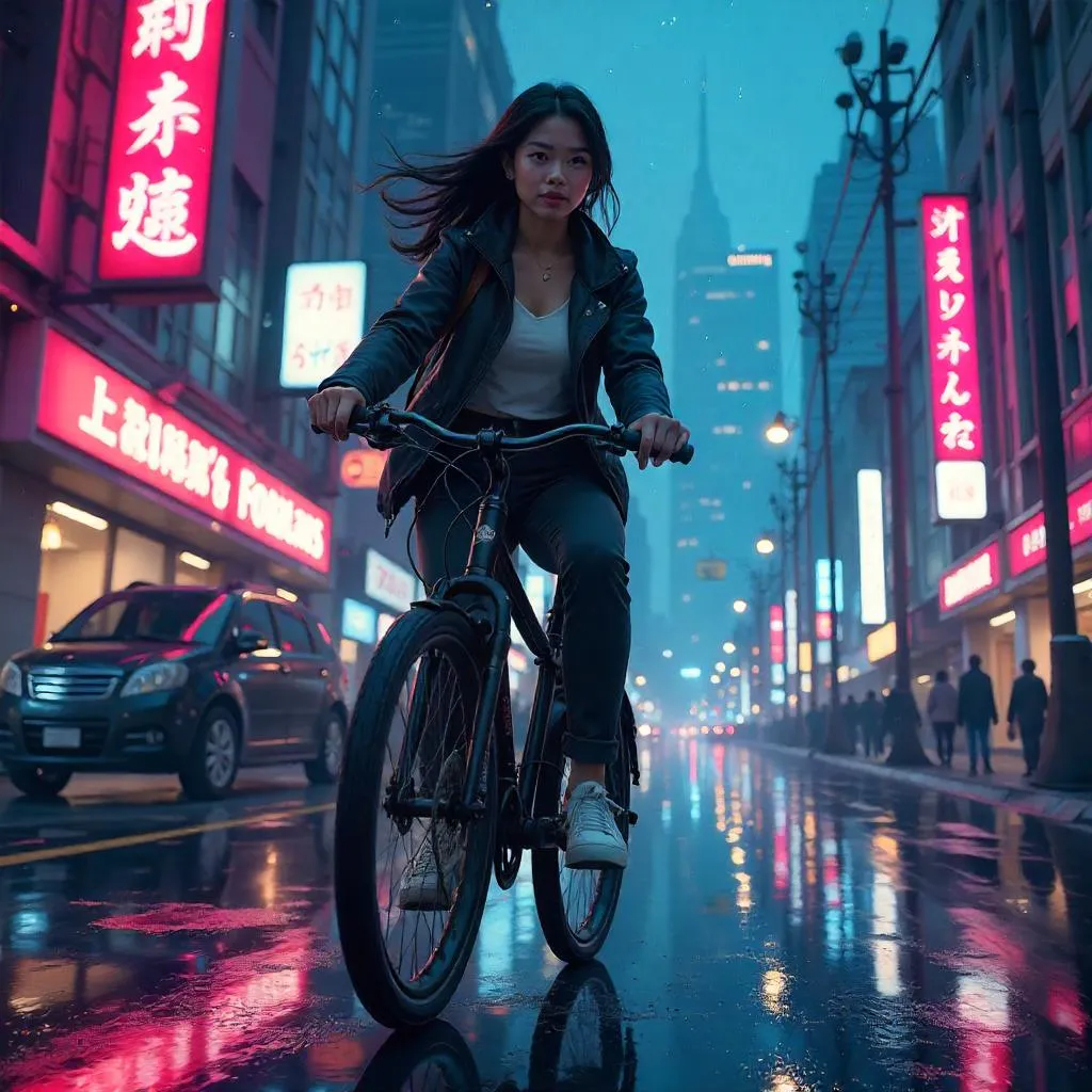 Confident Asian Woman on a Bicycle — Concept Art