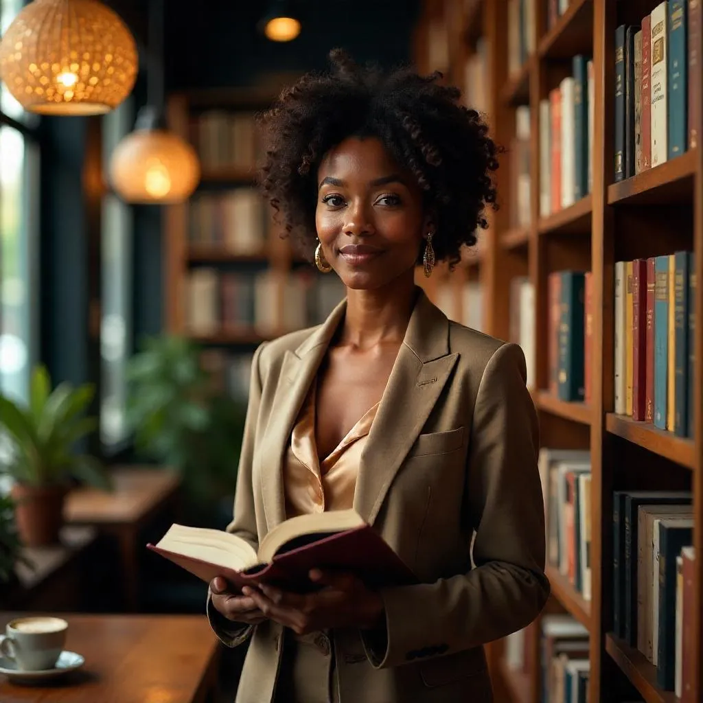 Elegant Black Woman in a Cozy Bookstore