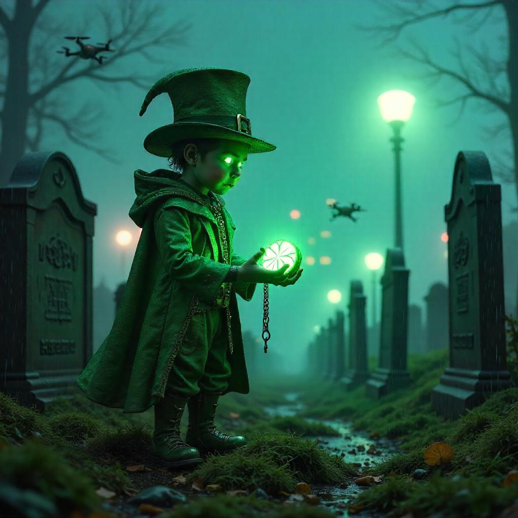 Leprechaun in Neon Graveyard: A Cyberpunk Night