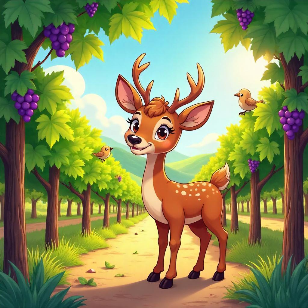 Cartoon Deer in a Sunlit Vineyard
