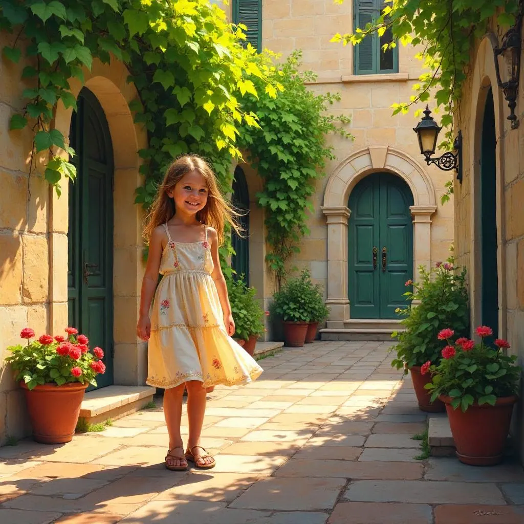 Cheerful Caucasian Girl in a Courtyard – Oil Painting