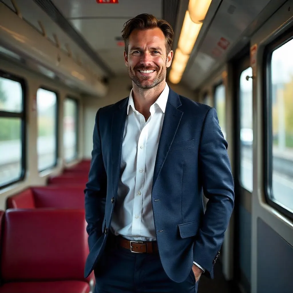 Confident White Man on a Train, Photorealistic