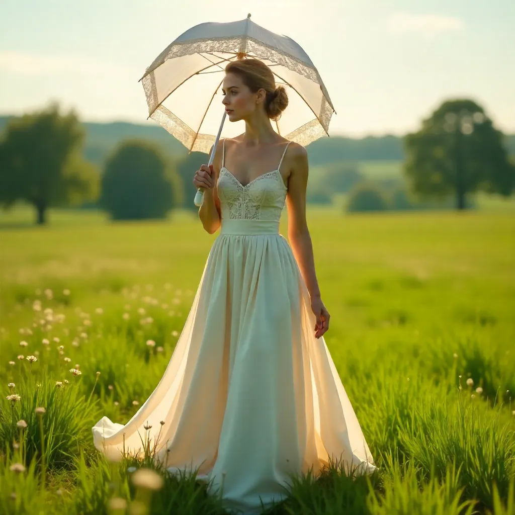 Elegant Portrait in Meadow with Parasol