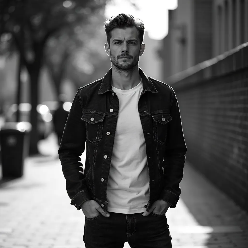 Stylish Black-and-White Outdoor Portrait of a Casual Male Model