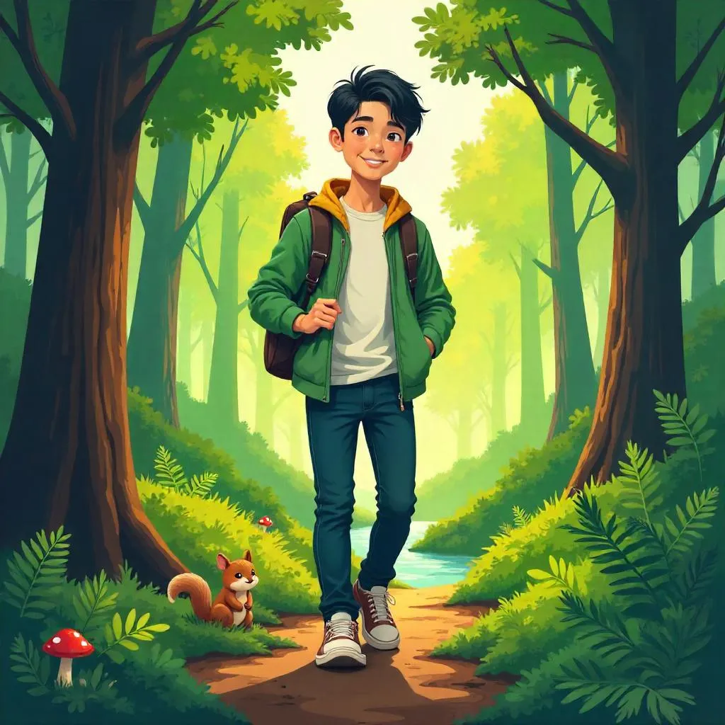 Cartoon Forest Adventure: Young Asian Man