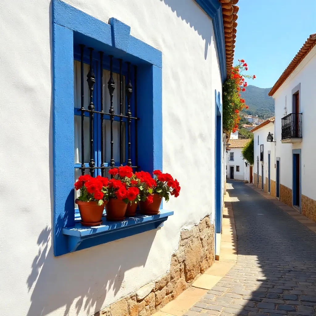 Red Geraniums on a Frigiliana Whitewashed Window