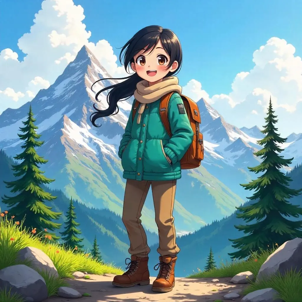 Cheerful Asian Girl in Alpine Mountains - Anime Style