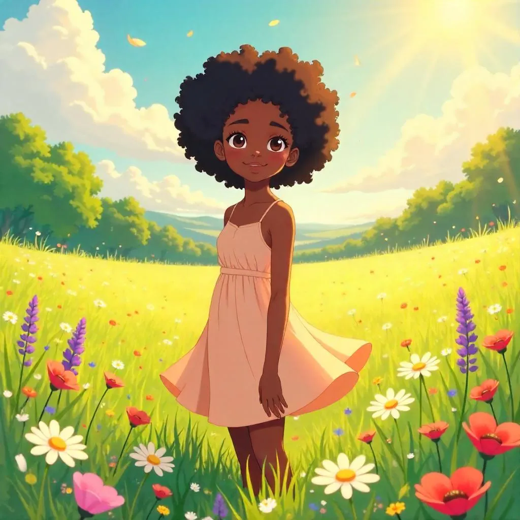 Meadow Dream: Anime Style Black Woman in a Flower Field