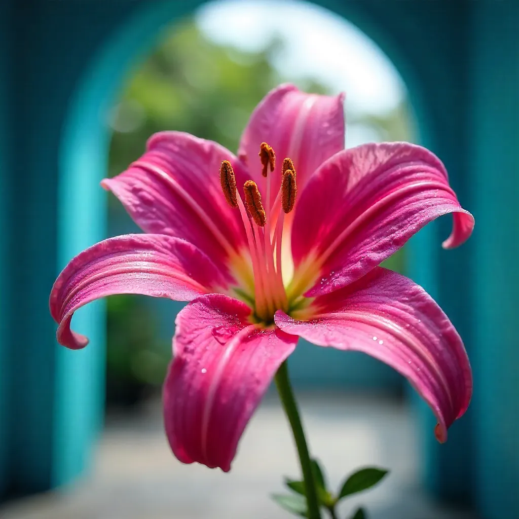 Vivid Pink Lily Against Bright Blue Arch