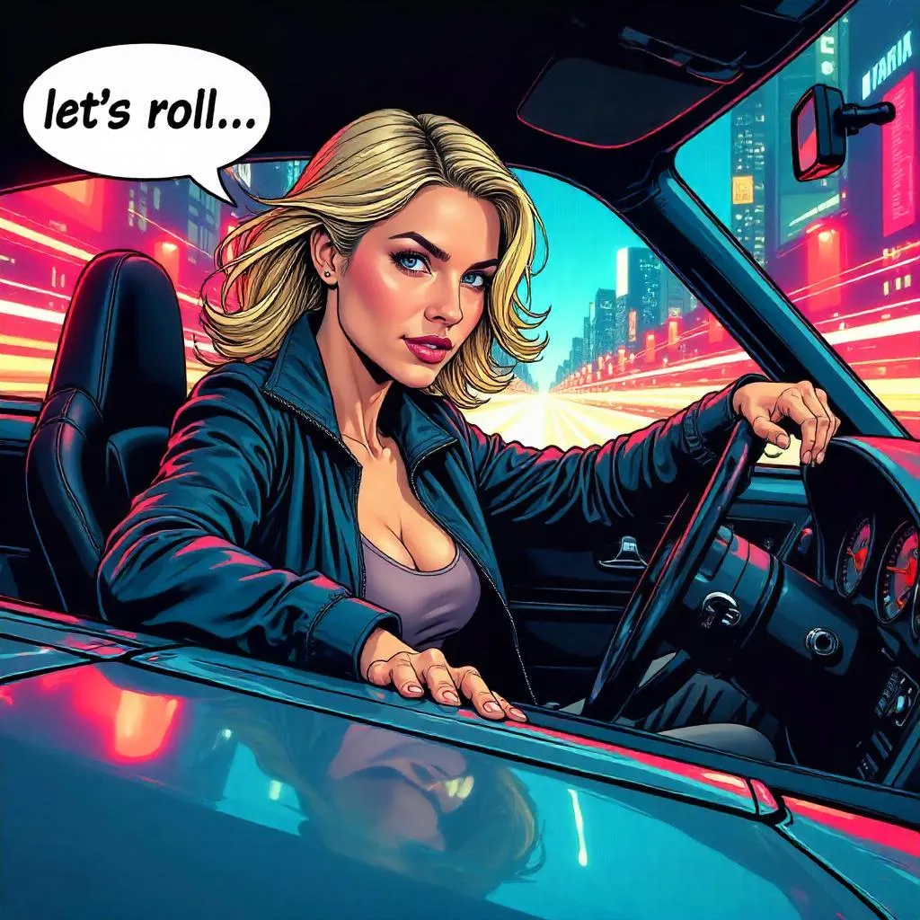Confident Heroine in a Comic Car