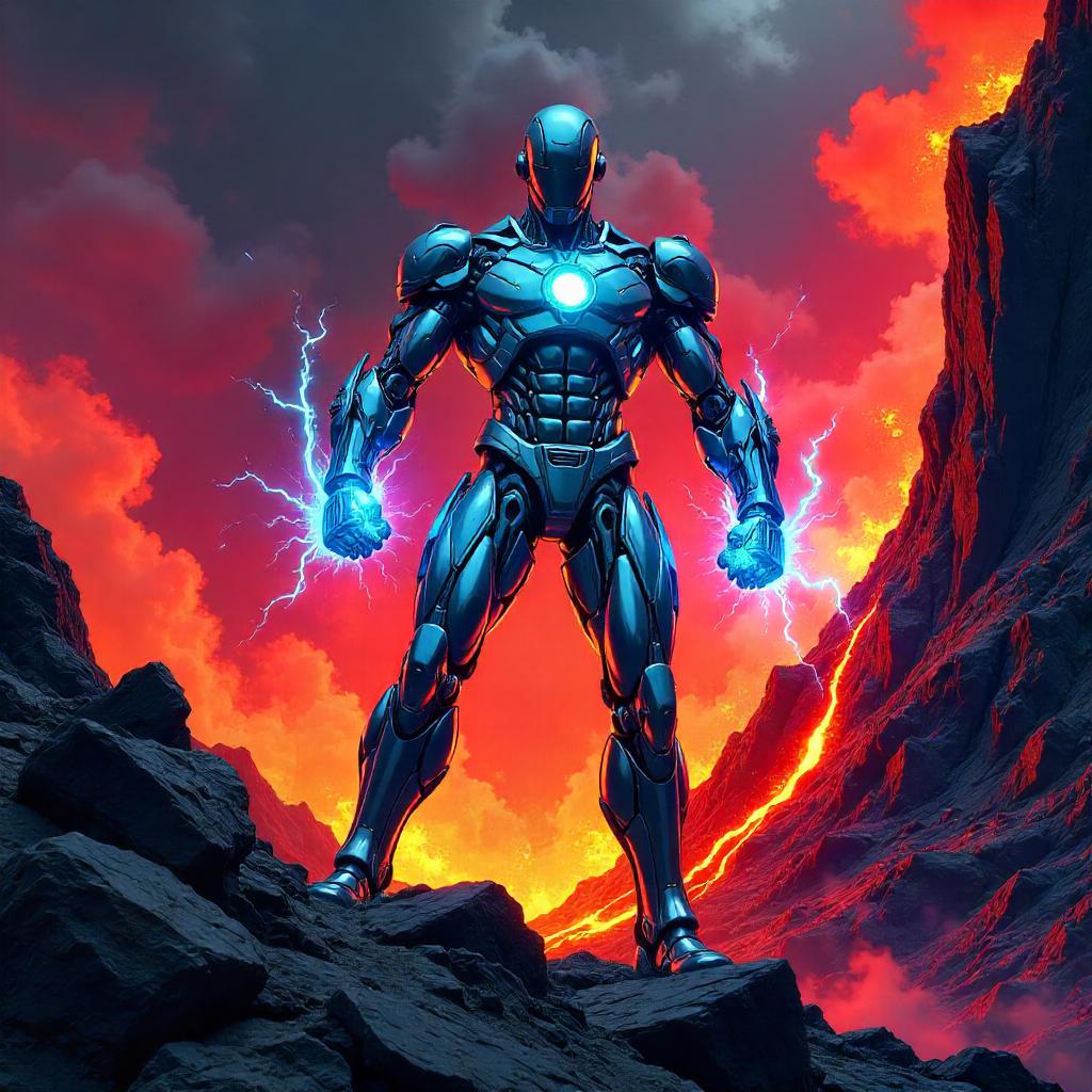 Android Warrior in a Volcanic Crater (Comic Style)