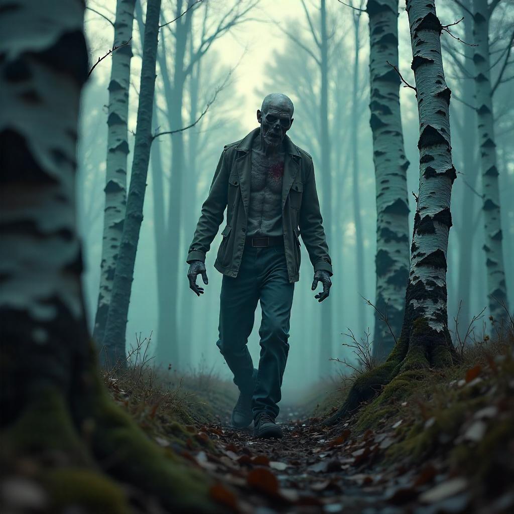 Photoreal Zombie in a Silent Birch Forest