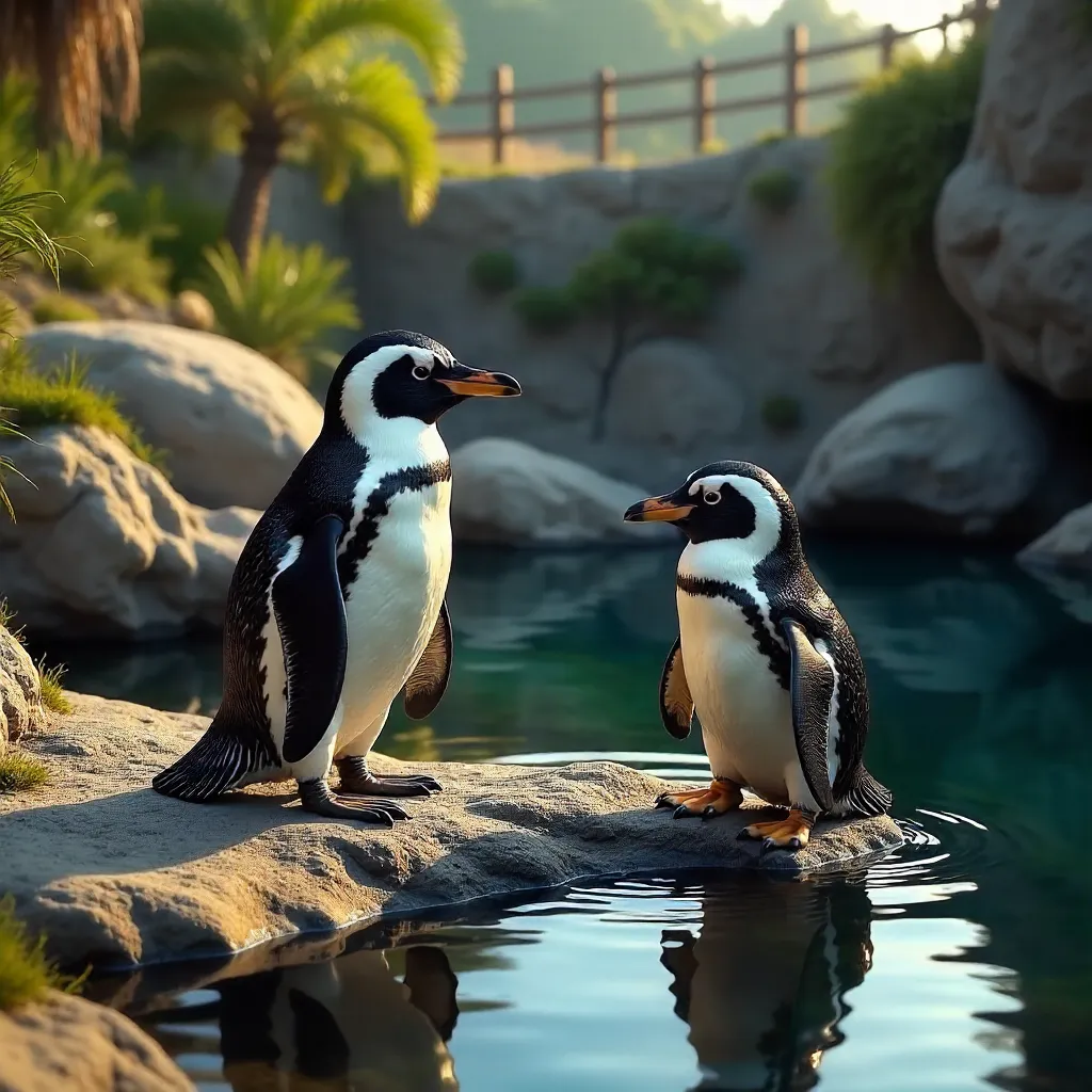 Two Humboldt Penguins by a Rocky Pool at Callao Zoo
