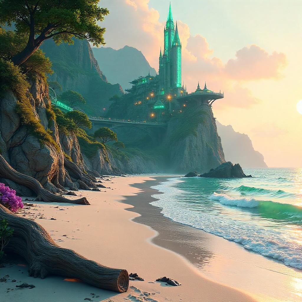 Sunlit Beach at the Edge of the Elven City
