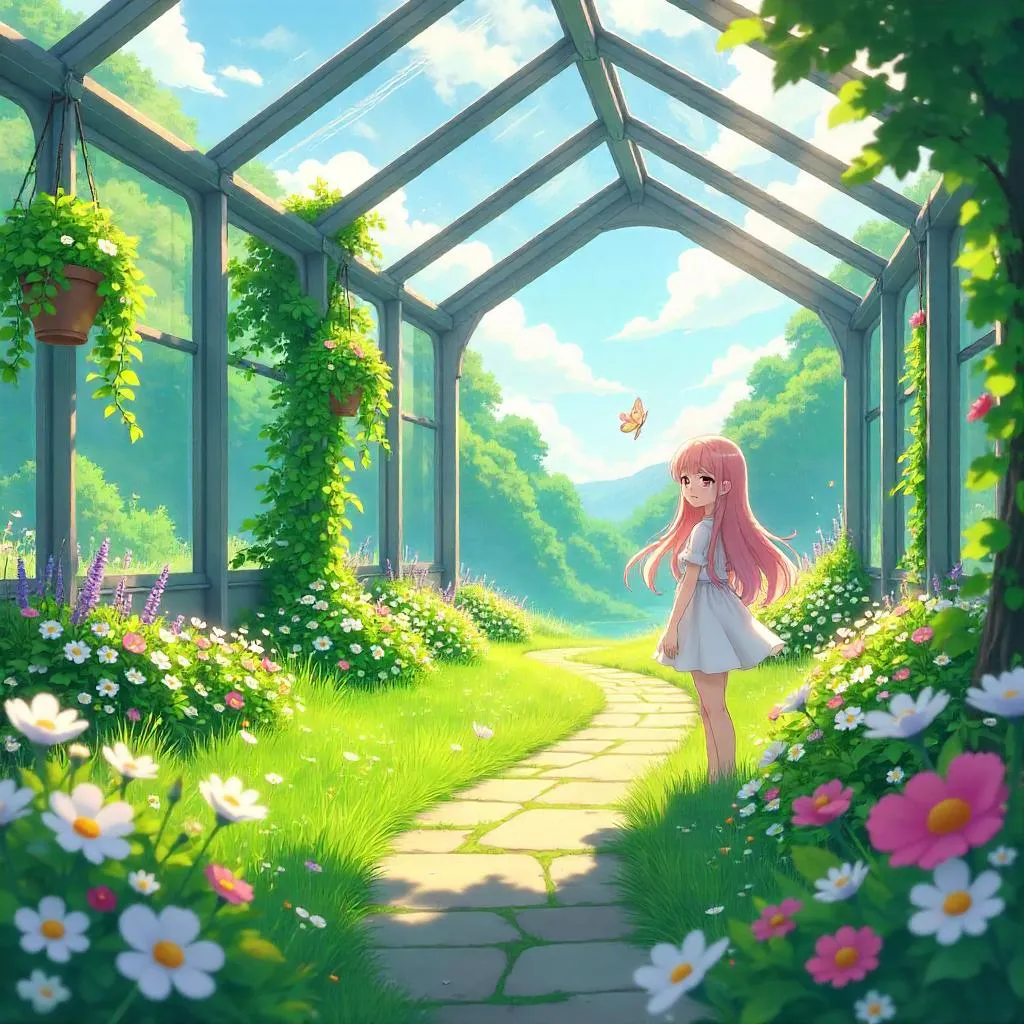 Anime Meadow Inside a Glass Greenhouse