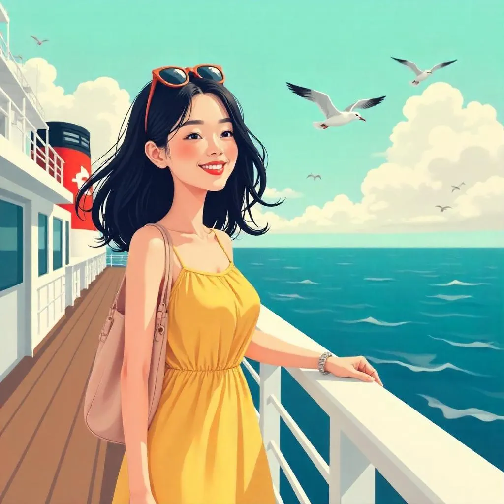 Cartoon Voyage: Young Asian Woman on a Cruise Ship