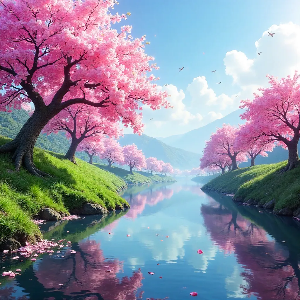 Serene Cherry Blossoms Along a Tranquil Spring River