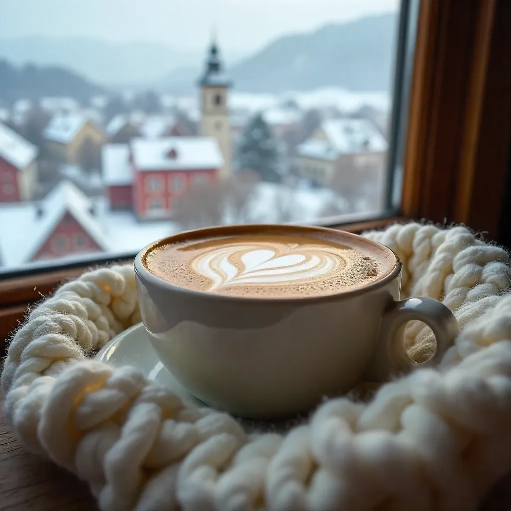Cozy Graz Winter Latte Art on Snowy Blanket