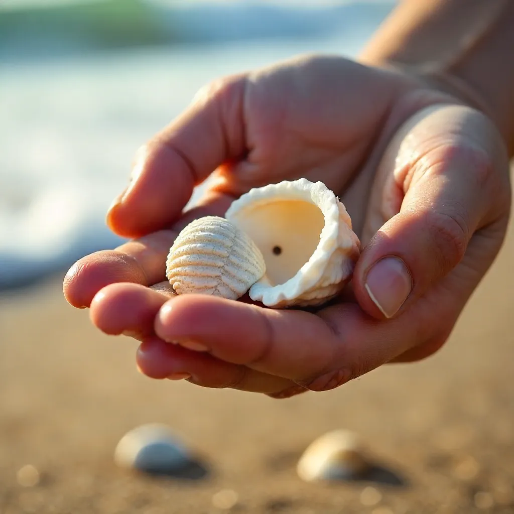 Close-Up Handful of Seashells at the Beach