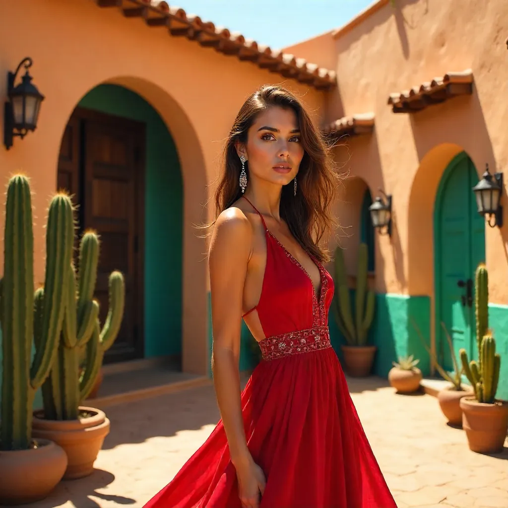 Stylish Red-Dress Portrait Before Mexican Architecture