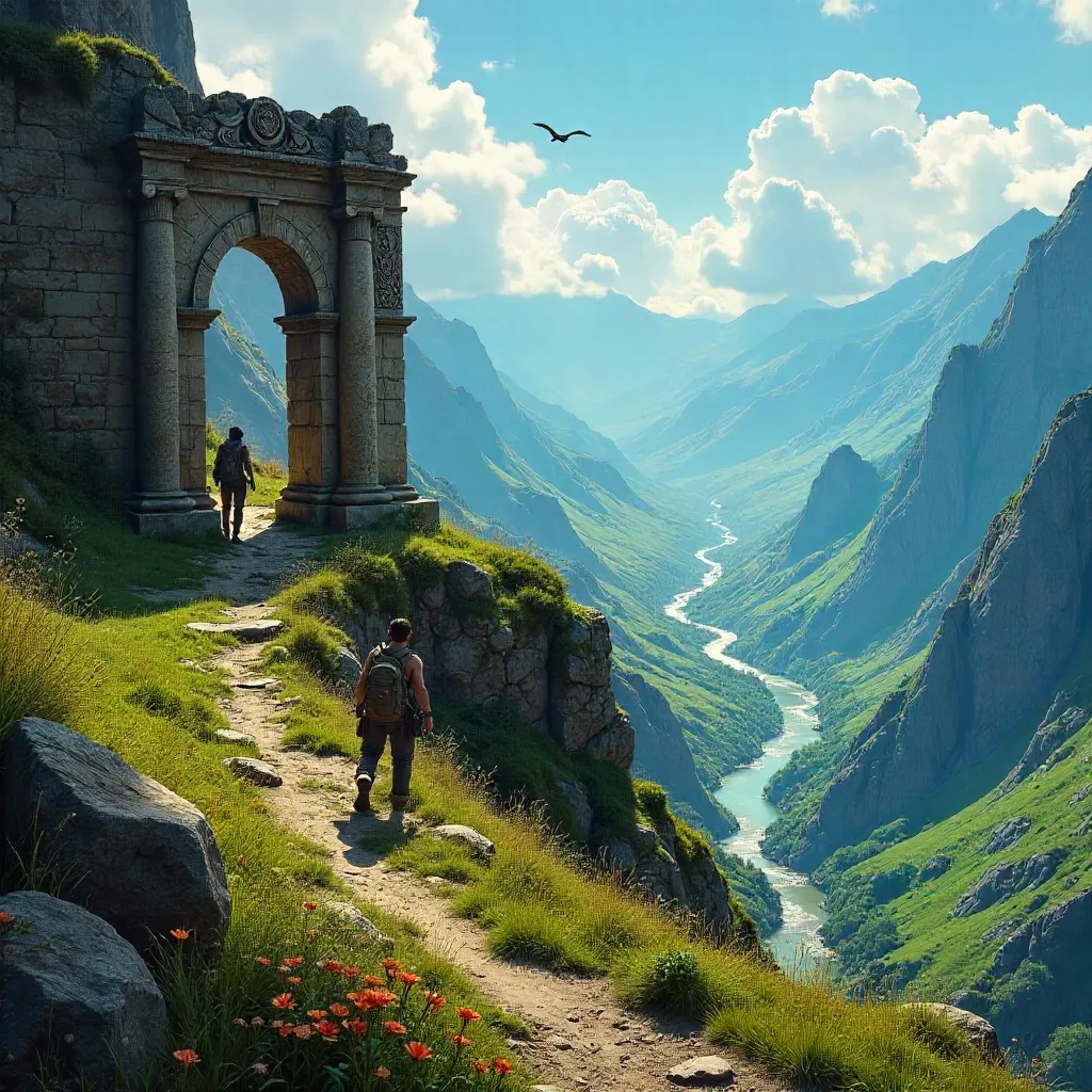 Ancient Ruins by Mountains and a Winding River
