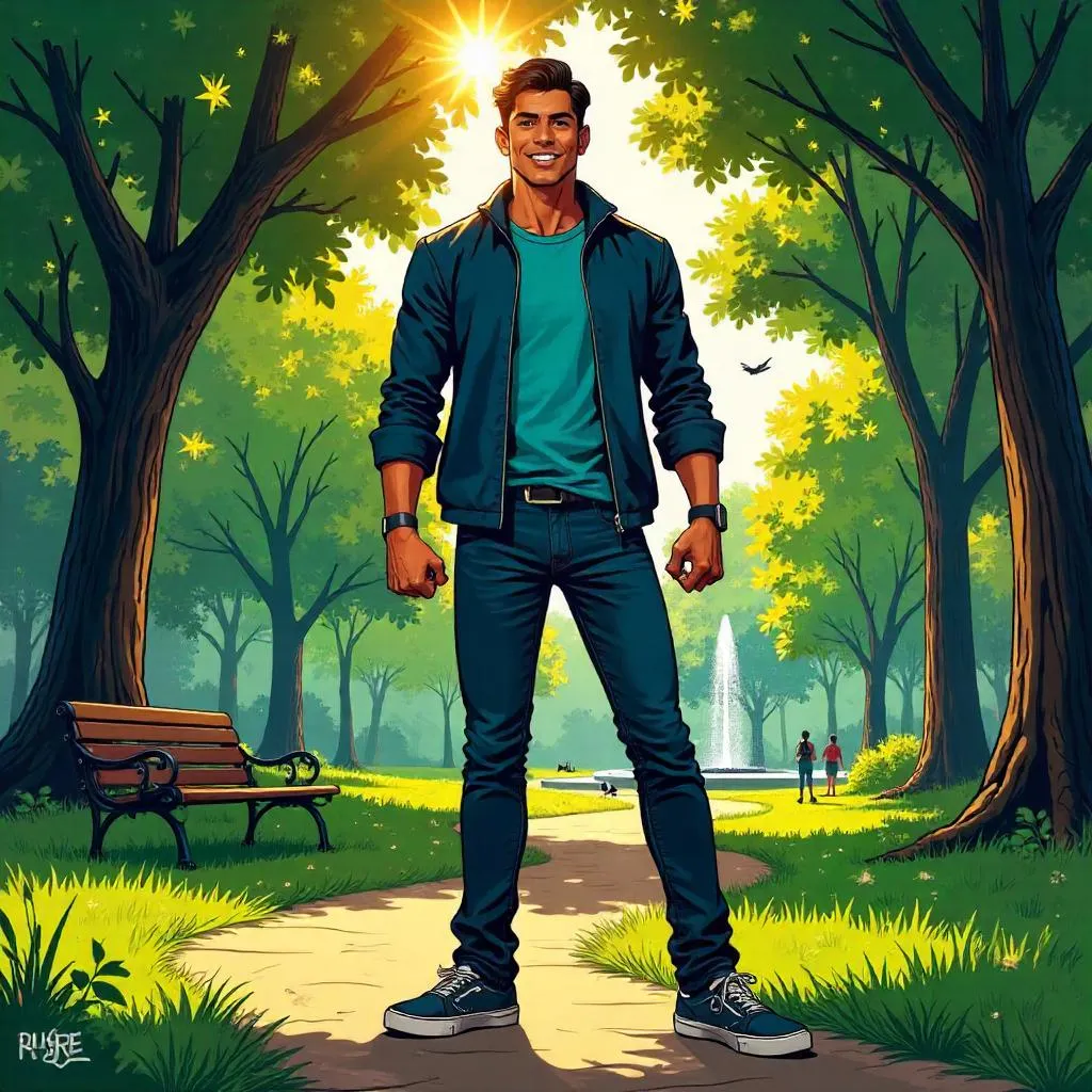 Young Latino Hero in a Park - Comic Style