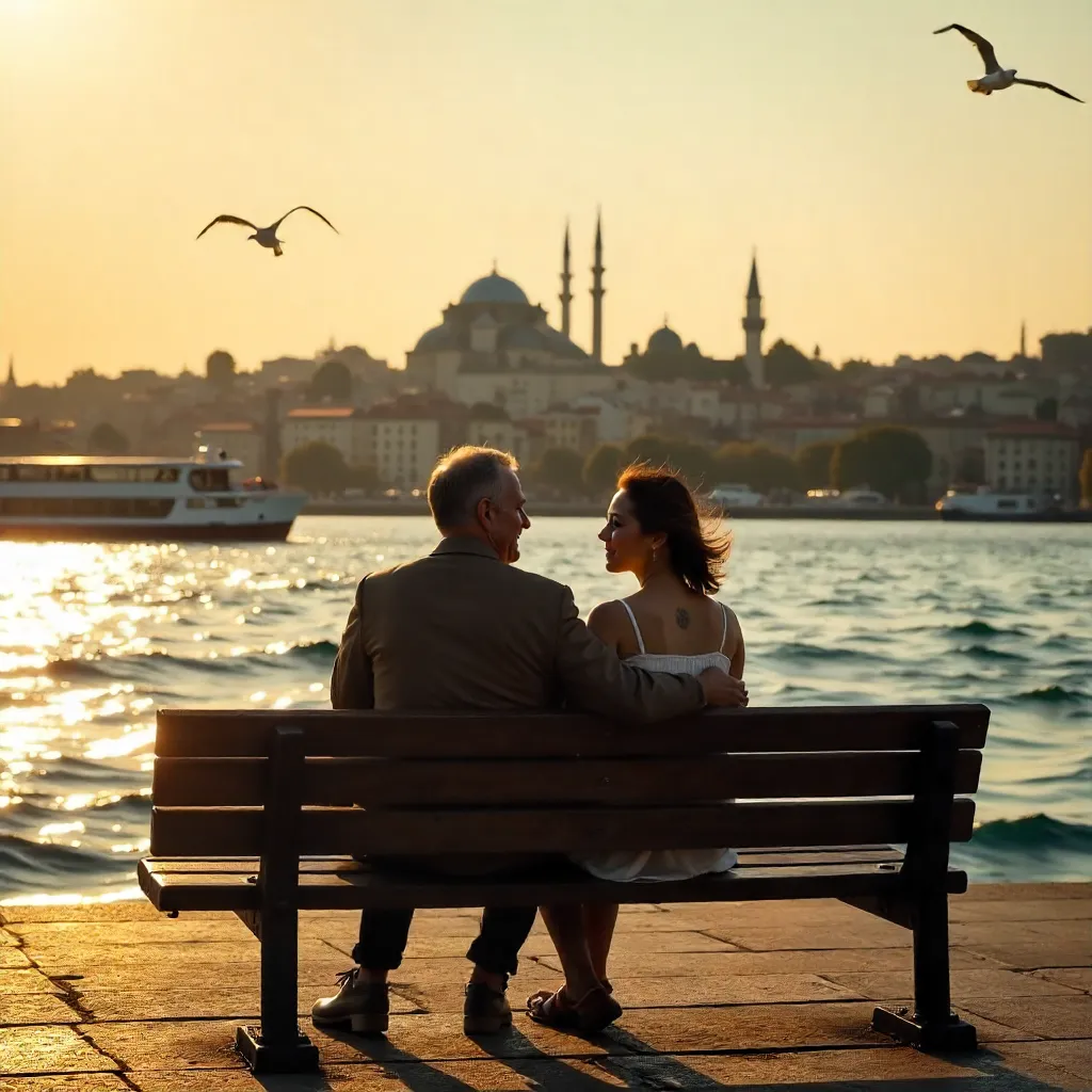 Golden Hour on Istanbul Waterfront Bench