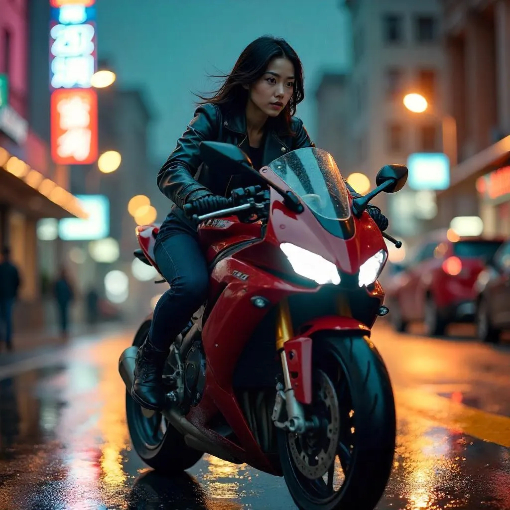 Photorealistic Young Asian Rider on a Sport Motorcycle